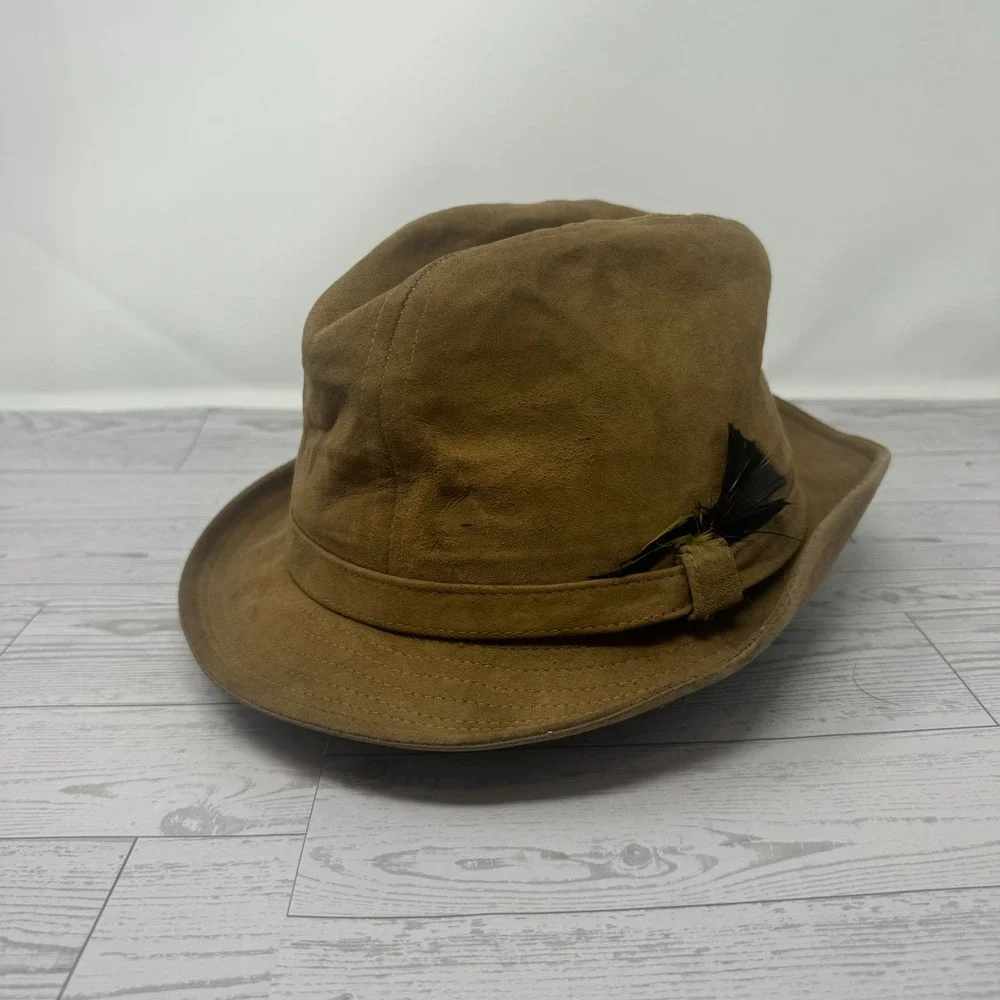 Stetson Mens Vintage Brown Suede Leather Fedora Hat Feather Made USA Size 7 1/8